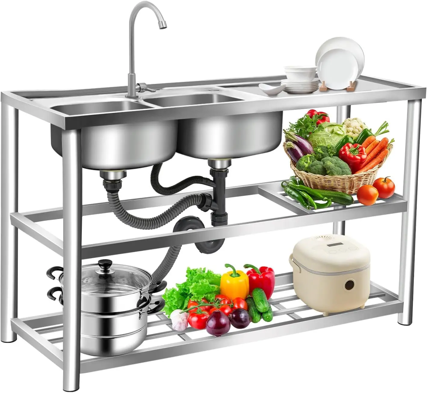Commercial Kitchen Set - 3 Katmanlı Ayaklı Paslanmaz Çelik Lavabo,
